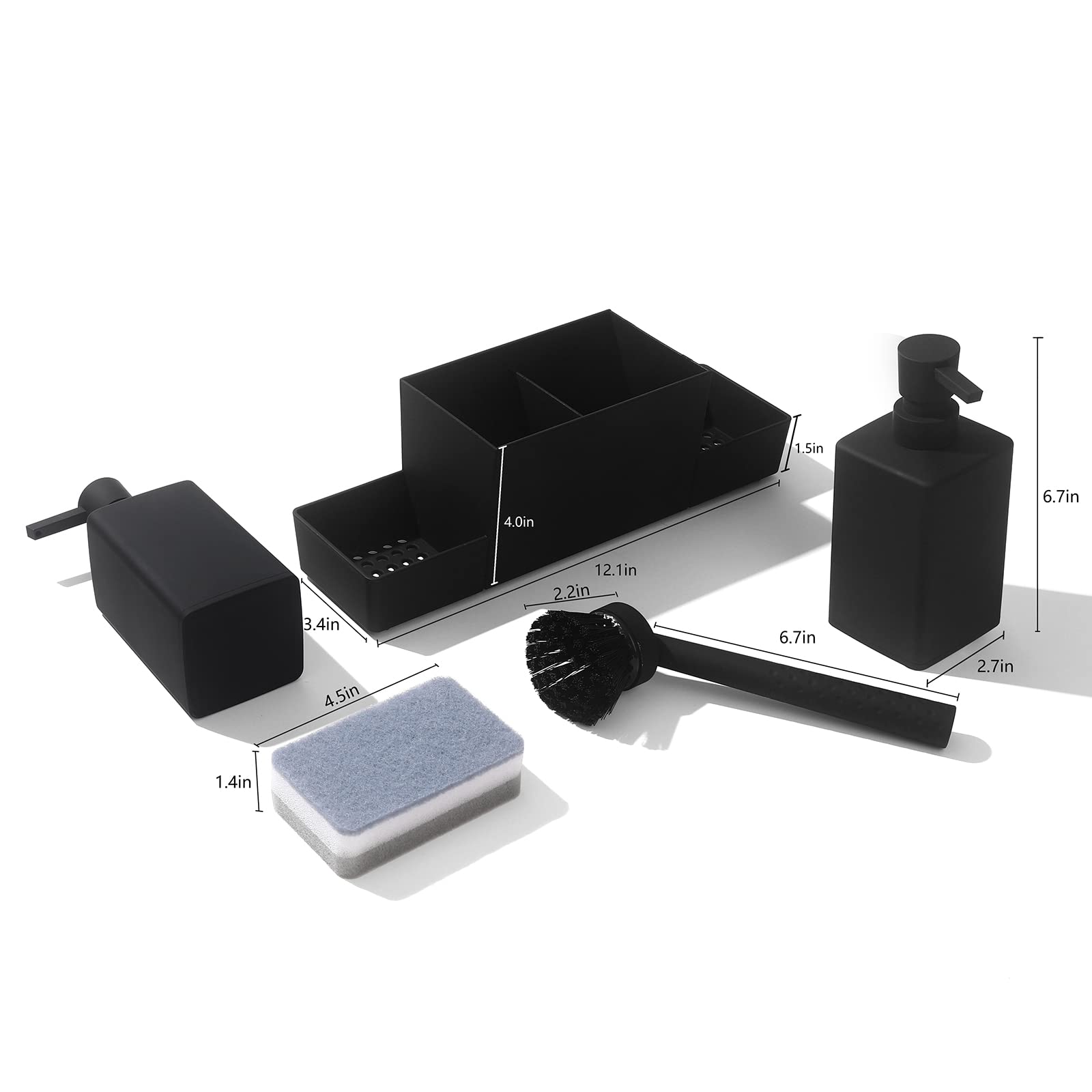 Kitchen Soap Dispenser With Sponge Holder Set For Sink Caddy, Hand Soap And Dish Soap Dispenser With Brush Matte Black